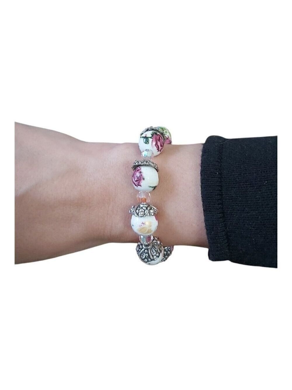 7 Inch Rose Ceramic & Czech AB Crystal Bead Bracelet - Metal Cap Flower Spacers - Picture 2 of 4
